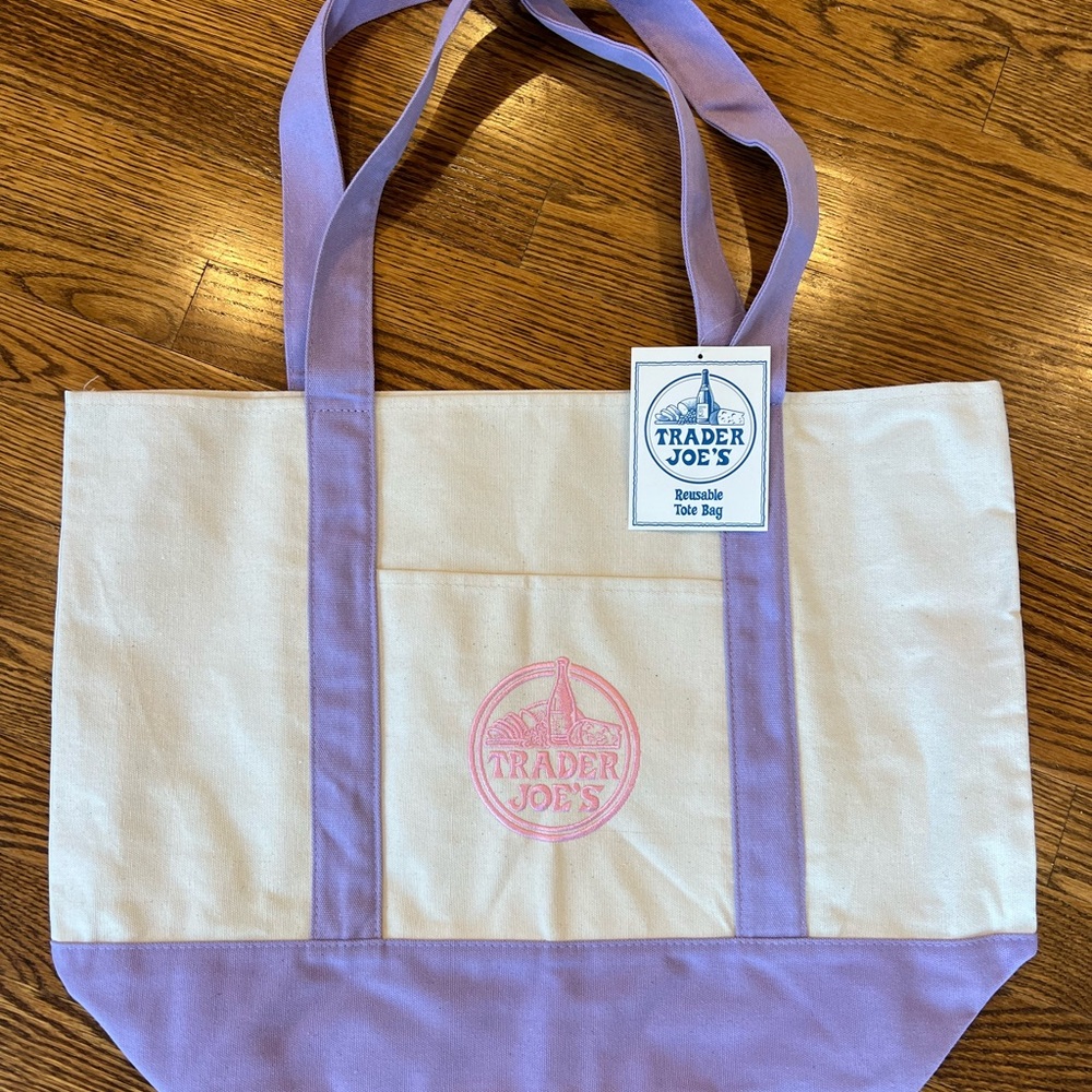 Large Trader Joe’s Cream and Lavender Canvas Tote Bag